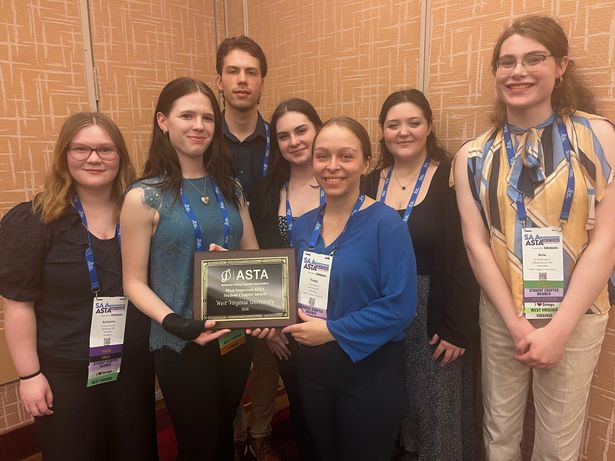 WVU ASTA members Ariauna Friend, Larryn Betts, Caleb Newell, Anna Korsunsky, Trixie Calissie, Maddy Shaffer and Aria Bousquet accept the "Most Improved Student Chapter" award at the conference in San Francisco.