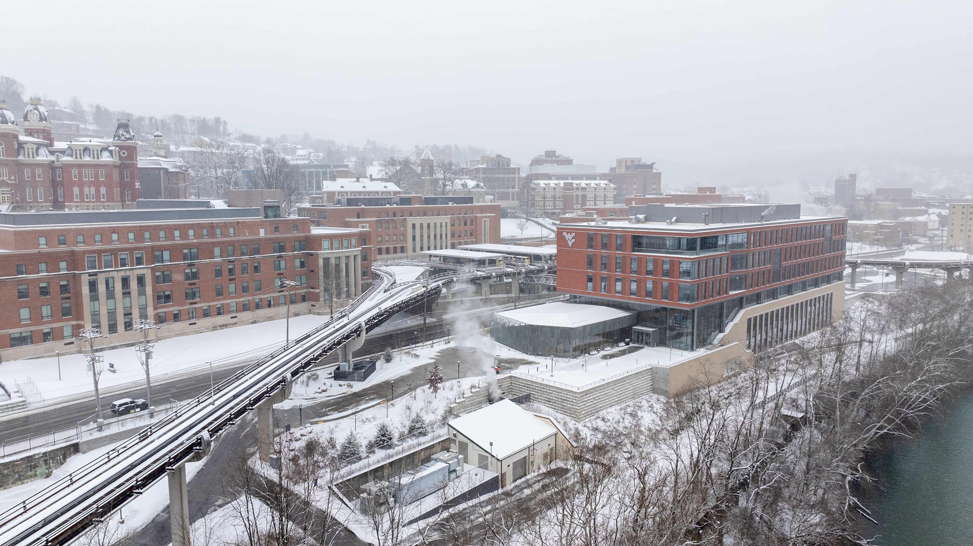 The Downtown area of the Morgantown Campus is shown in snow. 