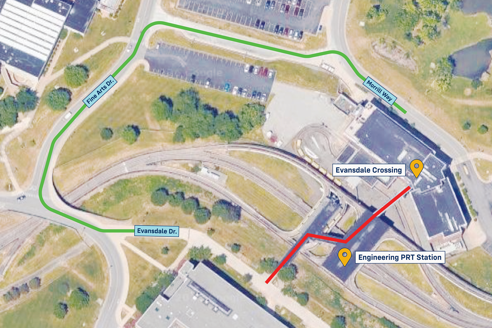 A top down view of the Evansdale Campus with a red line following the sidewalk between the Evansdale Crossing and the Engineering PRT station.